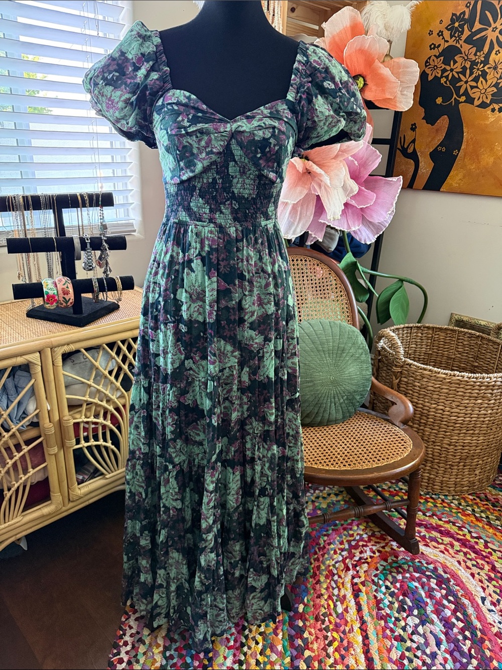 NWT Free People Emerald Combo Sundrenched Floral Boho Cottage Hippie Maxi Dress